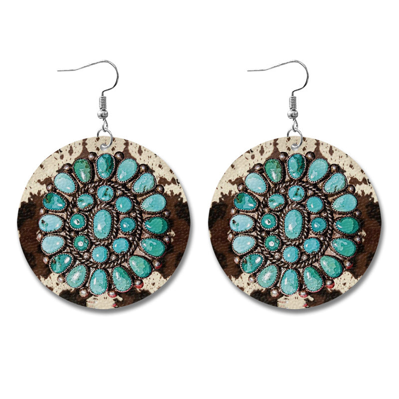 Wholesale Western Style Cow Pattern Sunflower Bull Head Leather Earrings